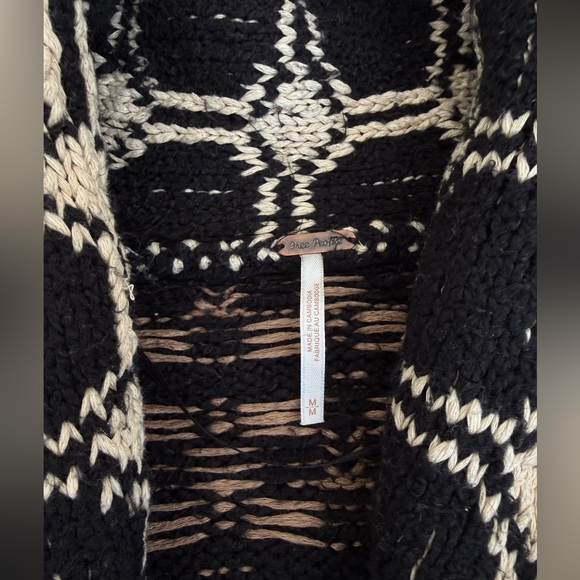 Free People Cardigan Sweater Bright & Optimistic Black Cream Brown Chunky - Picture 6 of 7